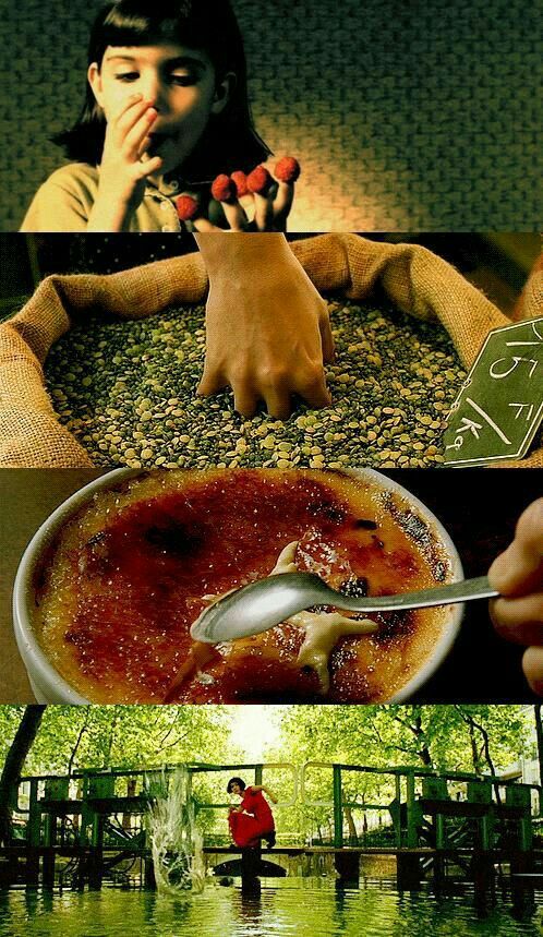 A collage of Amélie scenes: eating raspberries, reaching into coffee beans, cracking crème brûlée, and standing beside a garden pond.