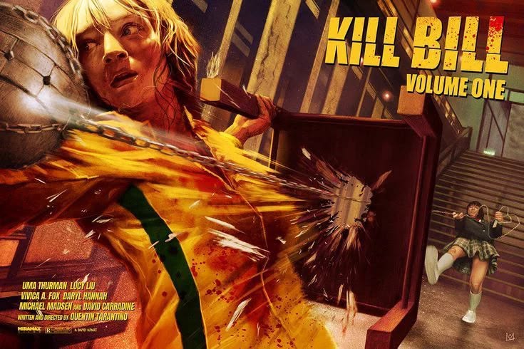 A Kill Bill: Volume One poster with the Bride in her yellow suit and a burst of action around her.